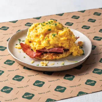 Scrambled Eggs on Hashbrowns with Turkey Bacon
