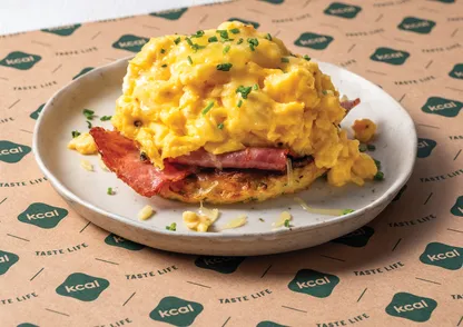 Scrambled Eggs on Hashbrowns with Turkey Bacon